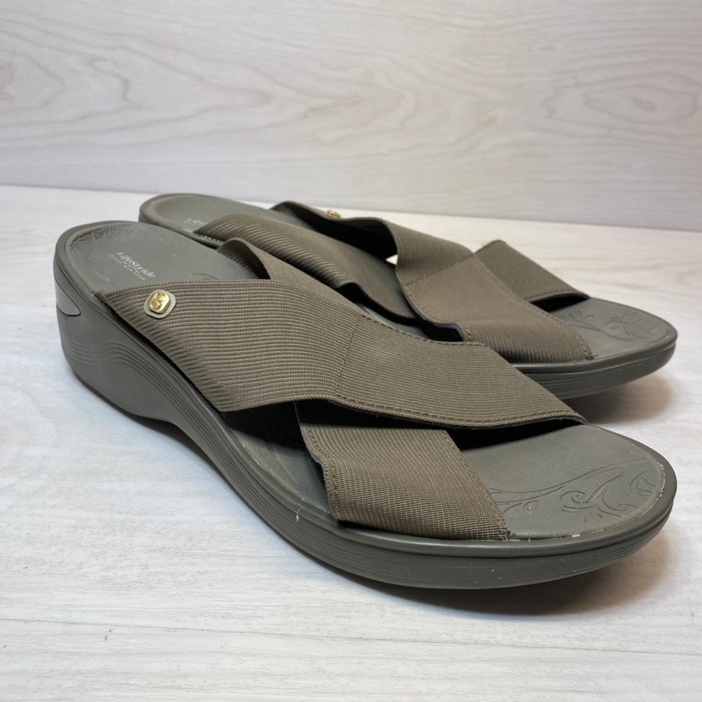 LifeStride Womens 12M BZees Desire Wedge Sandals Slide Stretch Taupe Fabric Shoe